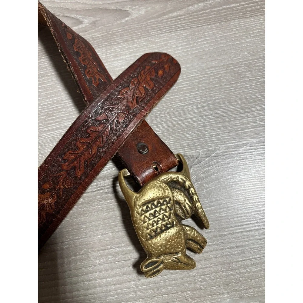 Vintage Leather Armadillo Buckle Belt Embossed Floral Western Boho 45 Inch Brass
